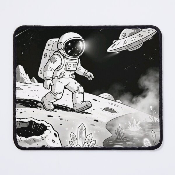 Item preview, Astronaut Exploring Alien Planet with UFO – Black & White Space Art designed and sold by TeyArtWork.