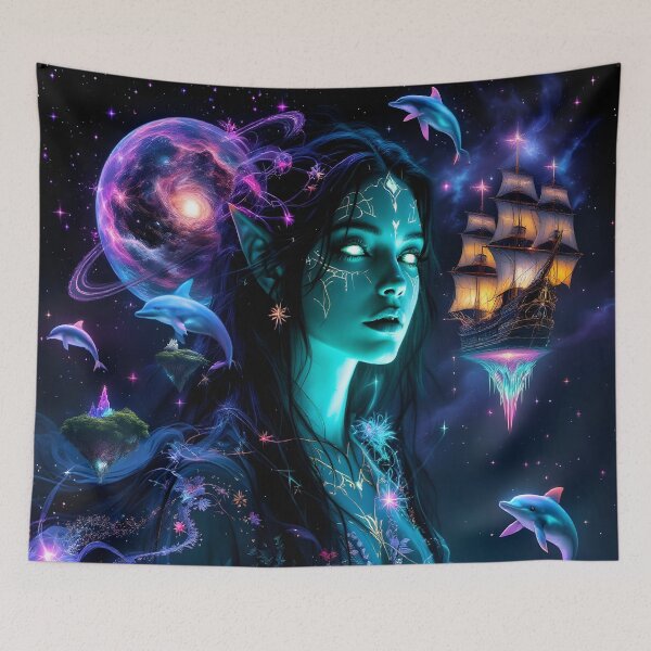Item preview, Cosmic Elf Goddess  Neon Galaxy Fantasy Portrait & Celestial Space Art designed and sold by DreamyWallVibes.