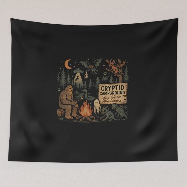 Item preview, Cryptid Campground Bigfoot Mothman Aliens Loch Ness Monster designed and sold by FrankIsabel.