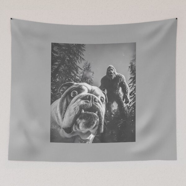 Item preview, Funny Scared English Bulldog Selfie with Bigfoot Sasquatch designed and sold by ArleneRowe.