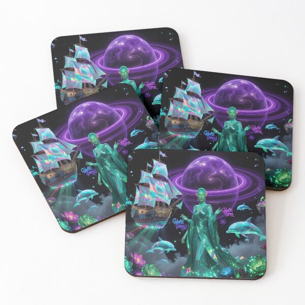 Item preview, Galactic Siren Dreamscape | Neon Fantasy Space Ship & Cosmic Dolphins Art Print designed and sold by DreamyWallVibes.