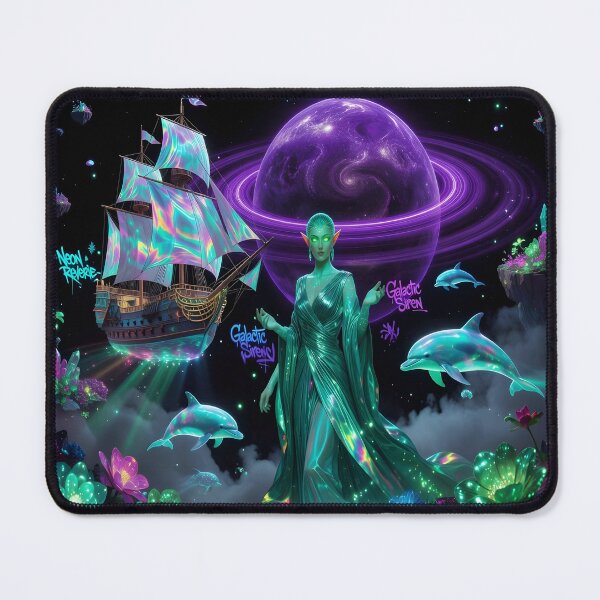 Item preview, Galactic Siren Dreamscape | Neon Fantasy Space Ship & Cosmic Dolphins Art Print designed and sold by DreamyWallVibes.