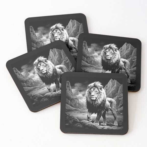 Item preview, Majestic Black and White Lion in Mountain Landscape designed and sold by inkoutninja.