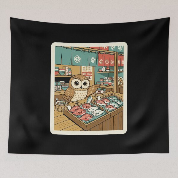 Item preview, Owl Fish Market Japanese Vintage Illustration designed and sold by JordynLadukeg65.