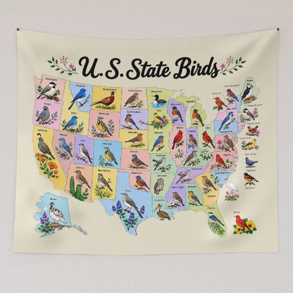 Item preview, U.S. State Birds Map Illustration designed and sold by The-Drip-Studio.