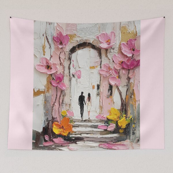 Item preview, Romantic Couple Walking Under Pink Floral Arch designed and sold by colorful-white.