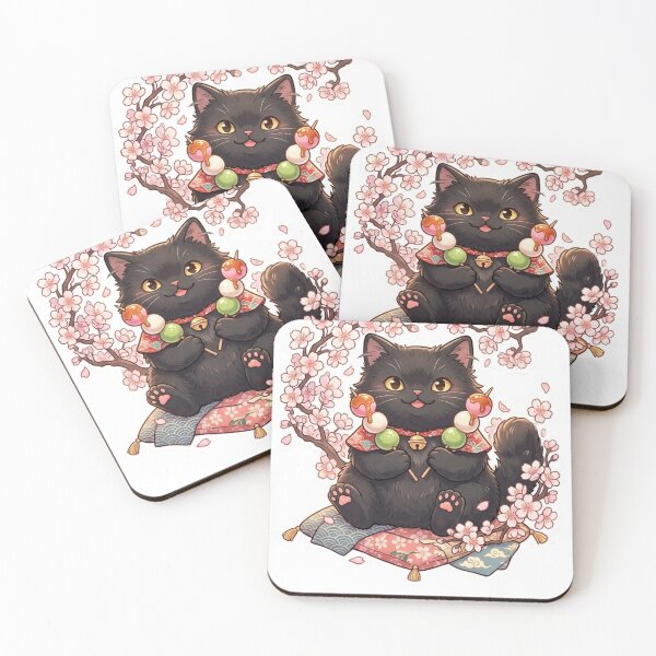 Item preview, Cute Black Cat Eating Dango Under Cherry Blossoms - Japanese Kawaii Sakura Kitty Sticker designed and sold by vekotpu.