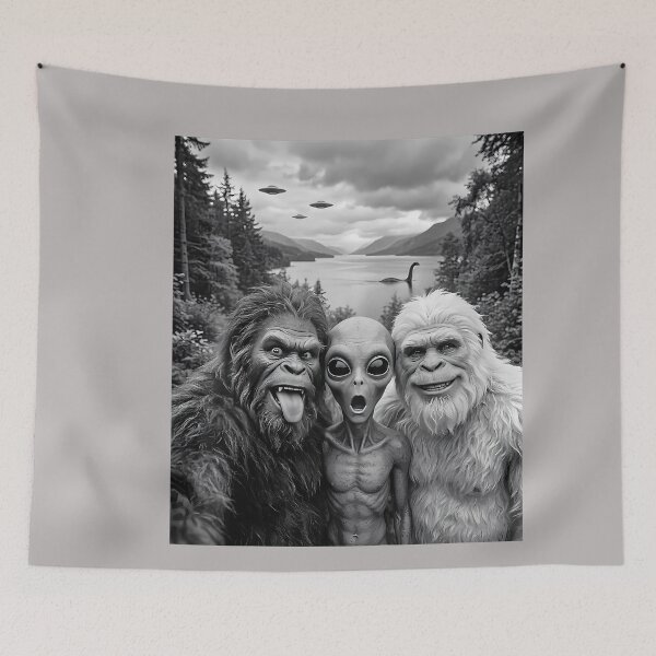 Item preview, Bigfoot Alien Loch Ness Monster UFO Selfie Funny Cryptid Art designed and sold by GreggRoss.
