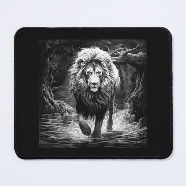 Item preview, Majestic Lion Walking Through Dark Forest River designed and sold by inkoutninja.