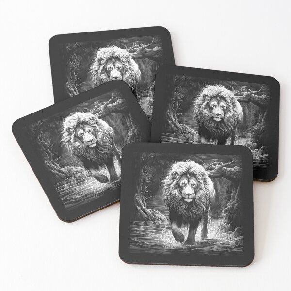 Item preview, Majestic Lion Walking Through Dark Forest River designed and sold by inkoutninja.