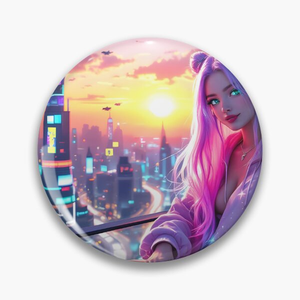 Item preview, Neon Anime Girl Sunset Art Print | Cyber City Aesthetic & Kawaii Fantasy designed and sold by DreamyWallVibes.