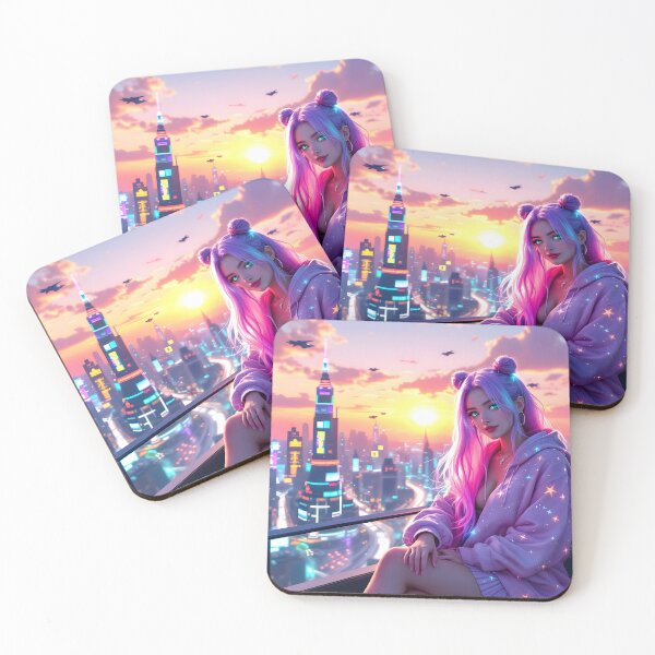 Item preview, Neon Anime Girl Sunset Art Print | Cyber City Aesthetic & Kawaii Fantasy designed and sold by DreamyWallVibes.