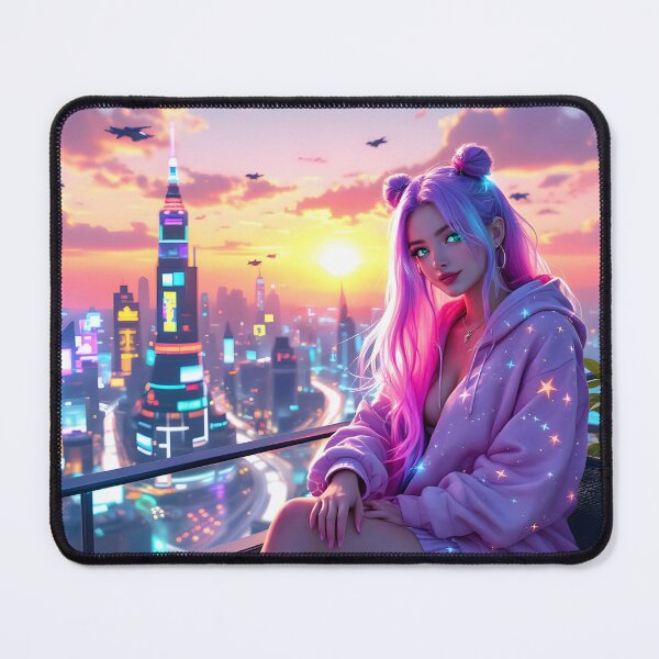 Item preview, Neon Anime Girl Sunset Art Print | Cyber City Aesthetic & Kawaii Fantasy designed and sold by DreamyWallVibes.