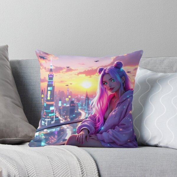 Item preview, Neon Anime Girl Sunset Art Print | Cyber City Aesthetic & Kawaii Fantasy designed and sold by DreamyWallVibes.