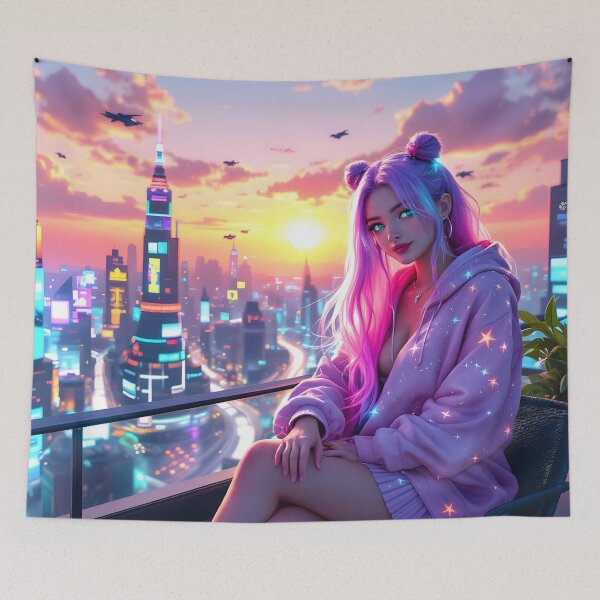 Item preview, Neon Anime Girl Sunset Art Print | Cyber City Aesthetic & Kawaii Fantasy designed and sold by DreamyWallVibes.