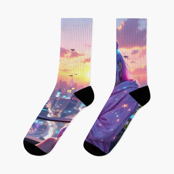 Item preview, Neon Anime Girl Sunset Art Print | Cyber City Aesthetic & Kawaii Fantasy designed and sold by DreamyWallVibes.