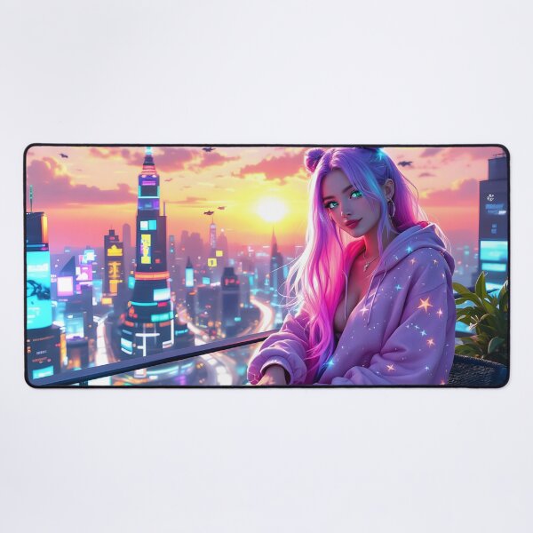 Item preview, Neon Anime Girl Sunset Art Print | Cyber City Aesthetic & Kawaii Fantasy designed and sold by DreamyWallVibes.