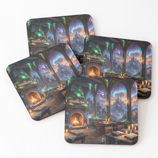 Item preview, Celestial Peak Fantasy Library Art Print | Magical Cozy Fireplace & Aurora Mountains designed and sold by DreamyWallVibes.
