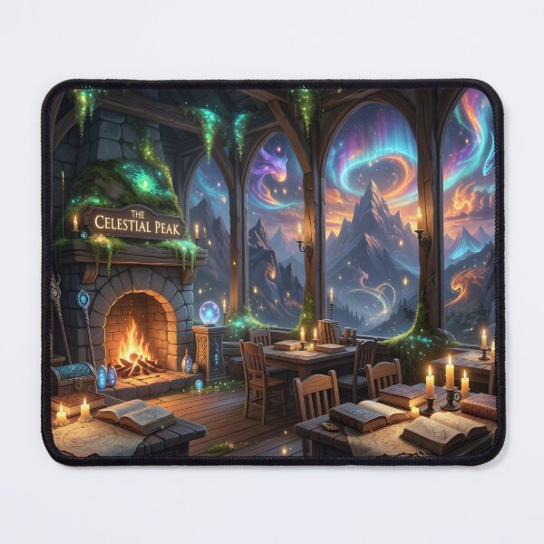 Item preview, Celestial Peak Fantasy Library Art Print | Magical Cozy Fireplace & Aurora Mountains designed and sold by DreamyWallVibes.
