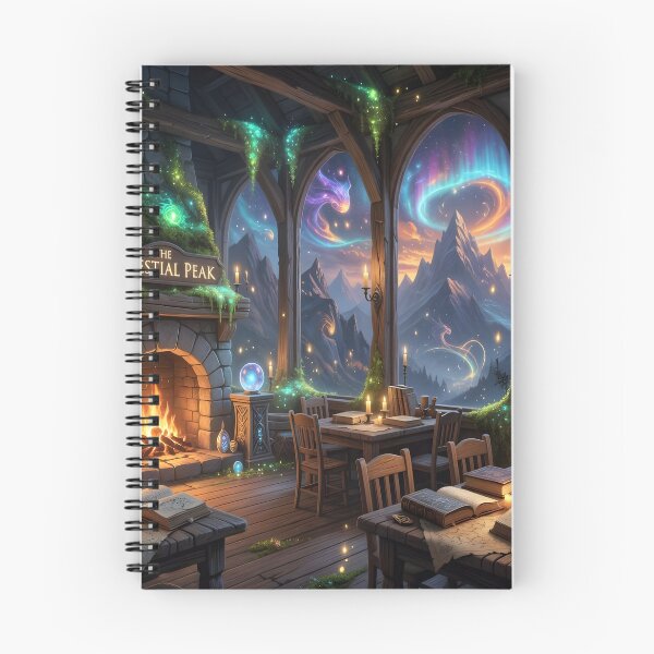 Item preview, Celestial Peak Fantasy Library Art Print | Magical Cozy Fireplace & Aurora Mountains designed and sold by DreamyWallVibes.