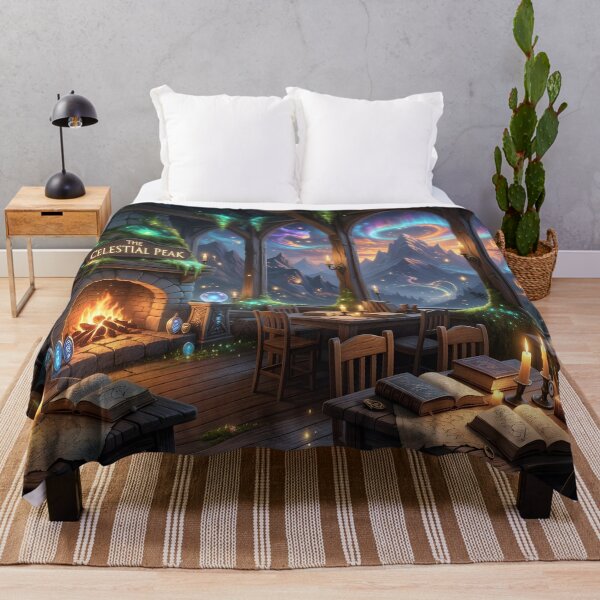 Item preview, Celestial Peak Fantasy Library Art Print | Magical Cozy Fireplace & Aurora Mountains designed and sold by DreamyWallVibes.