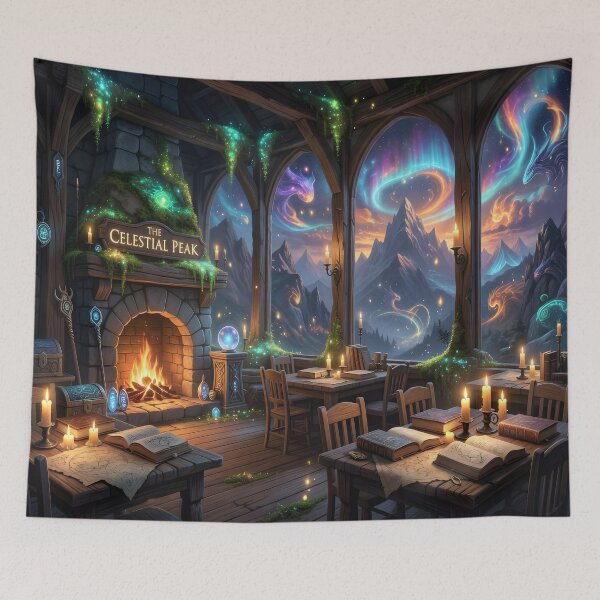 Item preview, Celestial Peak Fantasy Library Art Print | Magical Cozy Fireplace & Aurora Mountains designed and sold by DreamyWallVibes.
