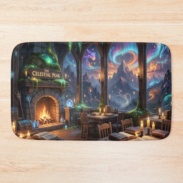 Item preview, Celestial Peak Fantasy Library Art Print | Magical Cozy Fireplace & Aurora Mountains designed and sold by DreamyWallVibes.