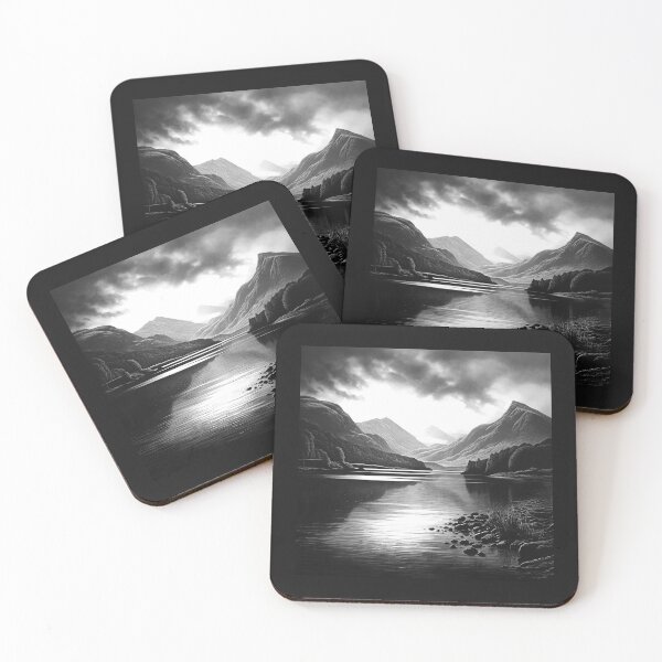 Item preview, Black and White Mountain Lake Landscape designed and sold by inkoutninja.