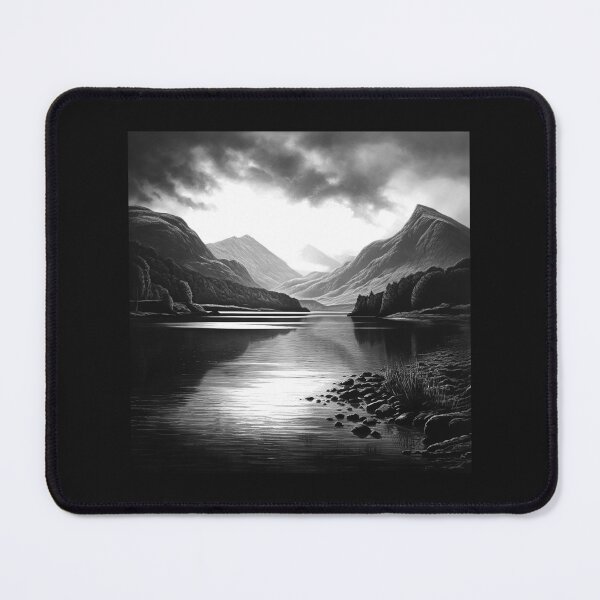 Item preview, Black and White Mountain Lake Landscape designed and sold by inkoutninja.