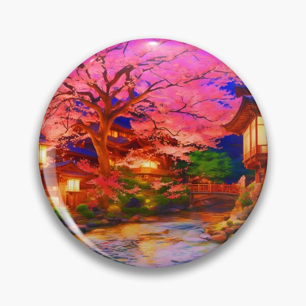 Item preview, Neon Sakura Japanese Town – Digital Riverside Spring Scene designed and sold by EmeraldeaArt.