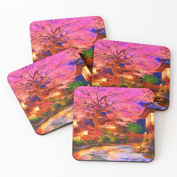 Item preview, Neon Sakura Japanese Town – Digital Riverside Spring Scene designed and sold by EmeraldeaArt.