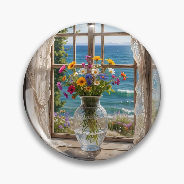 Item preview, Coastal Window Wildflowers – Ocean Breeze Cottage Scene designed and sold by EmeraldeaArt.