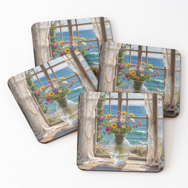 Item preview, Coastal Window Wildflowers – Ocean Breeze Cottage Scene designed and sold by EmeraldeaArt.