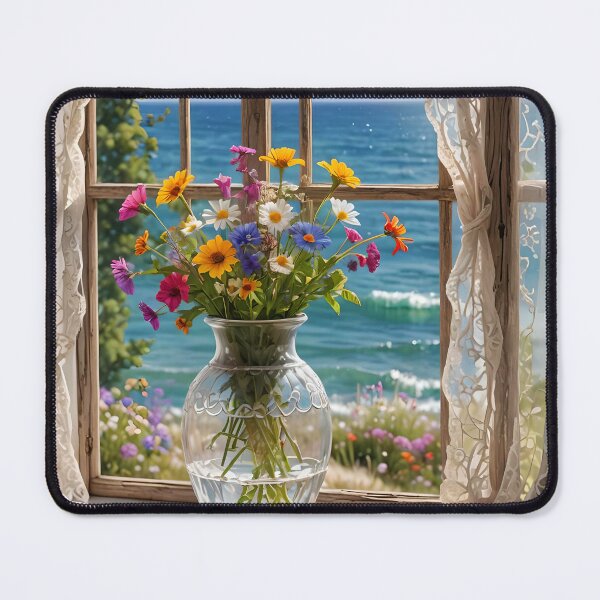 Item preview, Coastal Window Wildflowers – Ocean Breeze Cottage Scene designed and sold by EmeraldeaArt.