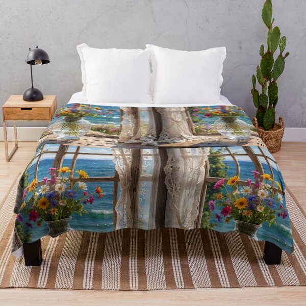 Item preview, Coastal Window Wildflowers – Ocean Breeze Cottage Scene designed and sold by EmeraldeaArt.