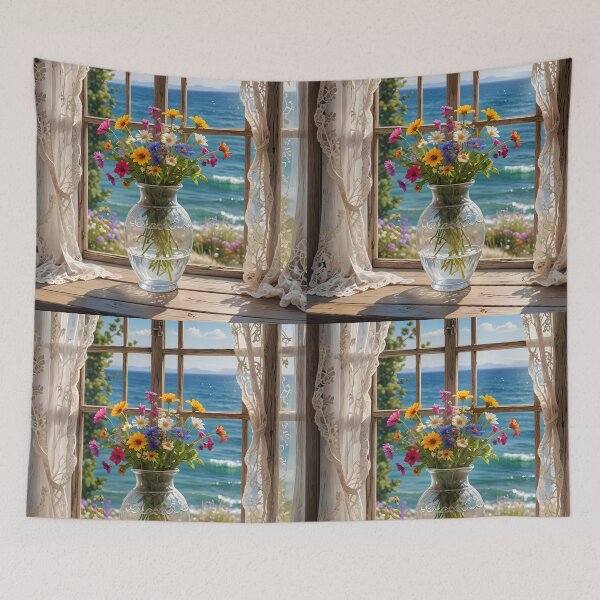 Item preview, Coastal Window Wildflowers – Ocean Breeze Cottage Scene designed and sold by EmeraldeaArt.