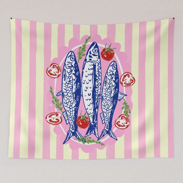 Item preview, Tomato and Sardines Pink Stripes Summer Coastal Illustration designed and sold by MaiZephyr.