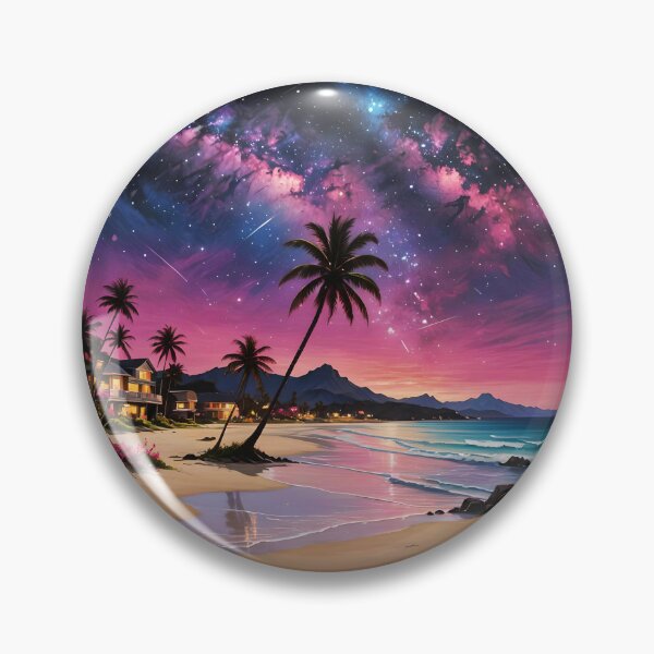 Artikelvorschau, Purple Sunset Beach – Küstenhäuser, Palmen, Abendlichter entworfen und verkauft von EmeraldeaArt.