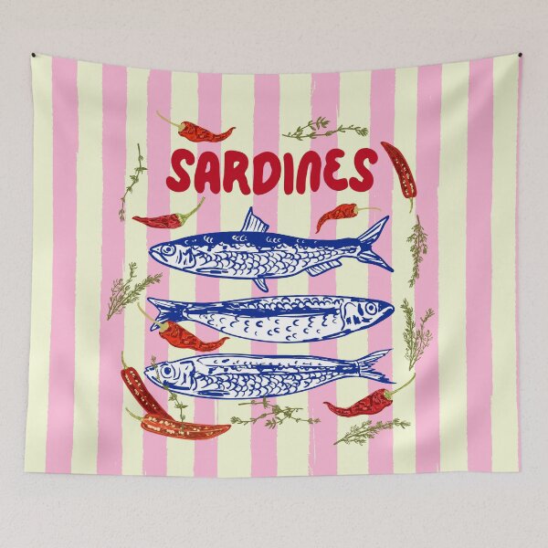 Item preview, Spicy Sardines Mediterranean Summer Pink Stripes Illustration designed and sold by MaiZephyr.