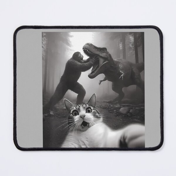 Item preview, Cat Selfie with Bigfoot Fighting T-Rex Dinosaur Funny Meme designed and sold by GreggRoss.