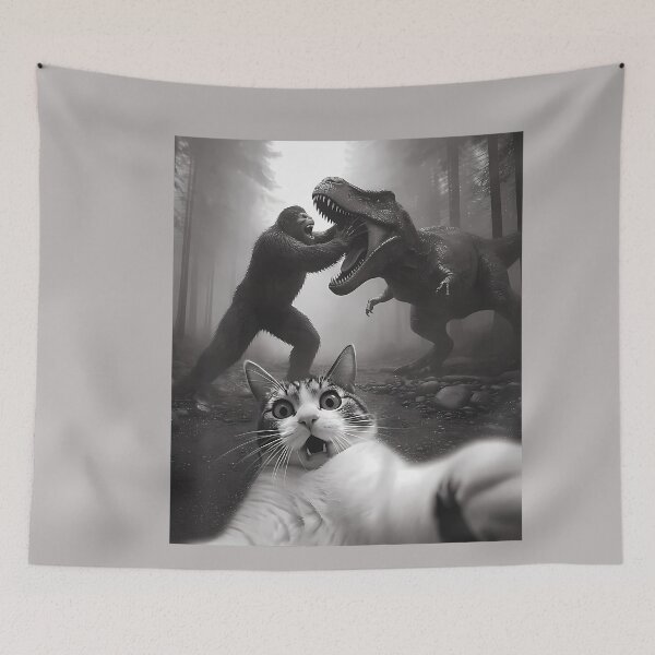 Item preview, Cat Selfie with Bigfoot Fighting T-Rex Dinosaur Funny Meme designed and sold by GreggRoss.