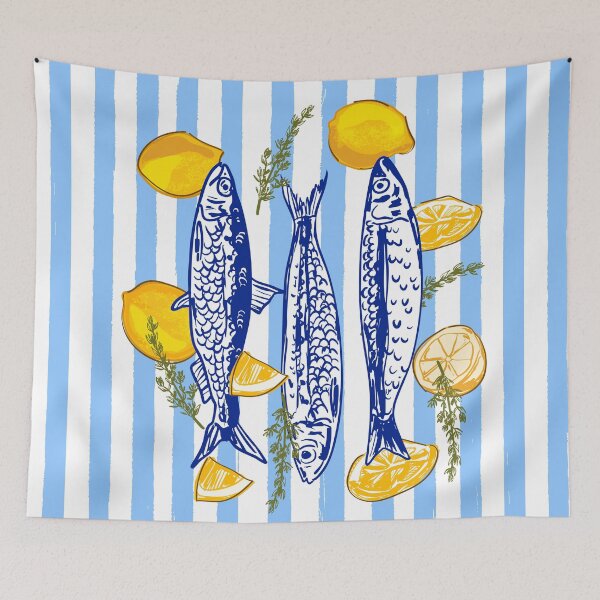 Item preview, Lemons and Sardines Summer Coastal Mediterranean Illustration designed and sold by MaiZephyr.