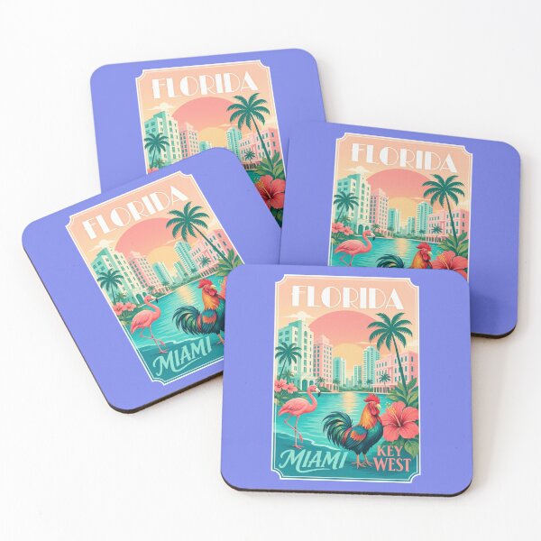 Item preview, Florida Miami Key West Retro Travel Poster Flamingo Rooster Art designed and sold by zohocreations.