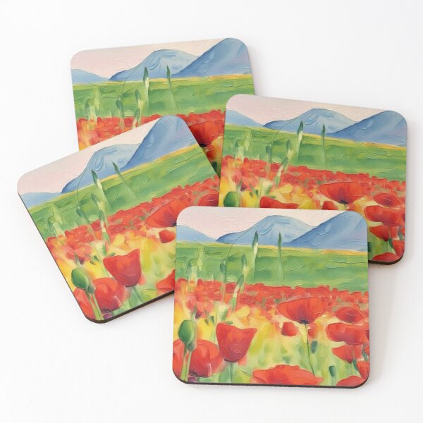 Item preview, Impressionist Red Poppy Field and Blue Mountains Oil Painting designed and sold by Atlasoloji.