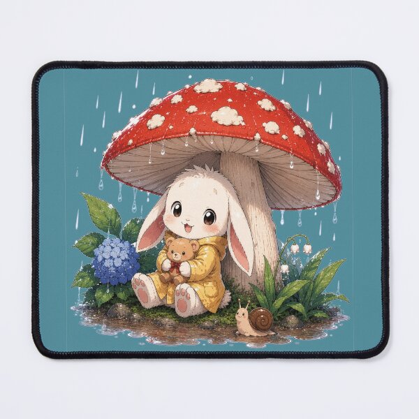Item preview, Cute Bunny in Rain Under Mushroom – Cottagecore Anime Style Art Print designed and sold by StillWildink.