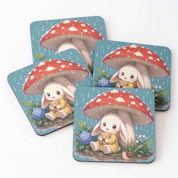 Item preview, Cute Bunny in Rain Under Mushroom – Cottagecore Anime Style Art Print designed and sold by StillWildink.