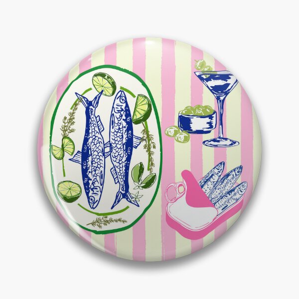 Item preview, Sardines and Martini Pink Stripes Retro Coastal Illustration designed and sold by MaiZephyr.