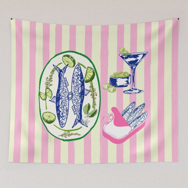 Item preview, Sardines and Martini Pink Stripes Retro Coastal Illustration designed and sold by MaiZephyr.