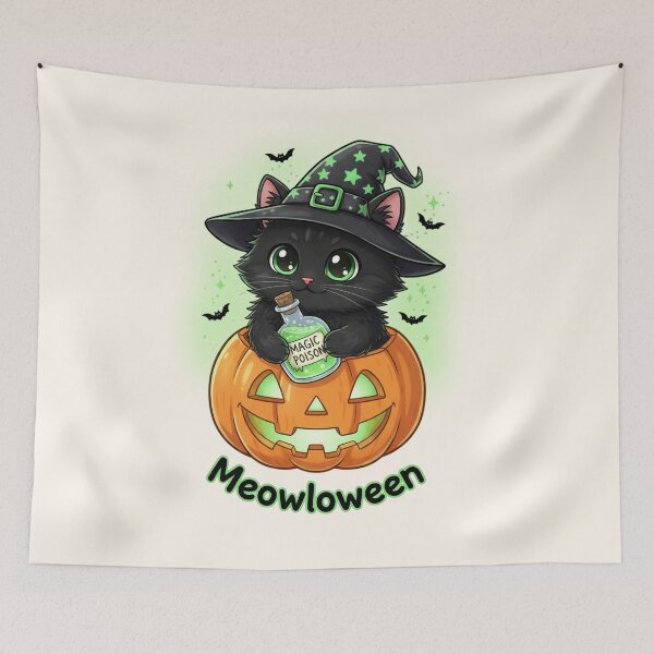 Item preview, Meowloween black cat with magic potion designed and sold by SweetLilith.