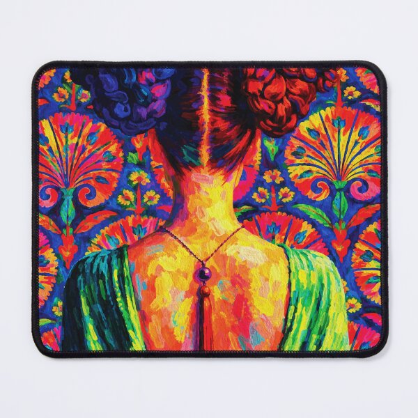 Item preview, Woman in Bloom — Colorful Floral Oil Painting with Ornate Pattern Back View designed and sold by RamyGallery.